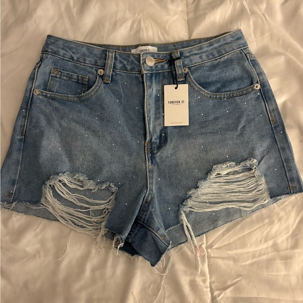 Forever 21 Light Blue Ripped Jean Shorts W Sparkles